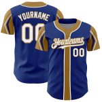Custom Name & Number Personalized Baseball Jersey - Royal White & Old Gold, 3 Color Arm Shapes, Authentic Team Gear Personalized