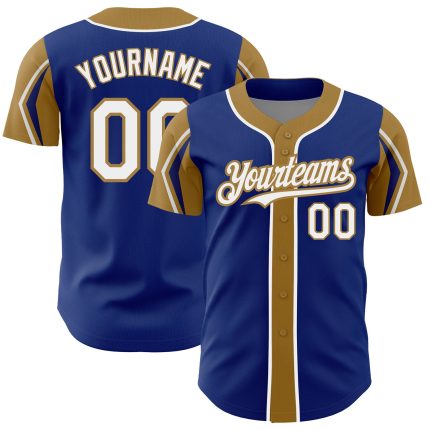 Custom Name & Number Personalized Baseball Jersey - Royal White & Old Gold, 3 Color Arm Shapes, Authentic Team Gear Personalized
