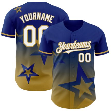 Custom Name & Number 3D Pattern Twinkle Star Baseball Jersey in Royal White-Old Gold Gradient Style - Personalized Team Apparel