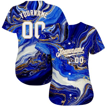 Custom Name and Number Baseball Jersey in Personalized Royal White-Old Gold 3D Pattern Design, Authentic Style Personalized