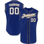 Custom Name and Number Personalized Authentic Baseball Jersey, Royal White and Old Gold Sleeveless Design Personalized Royal