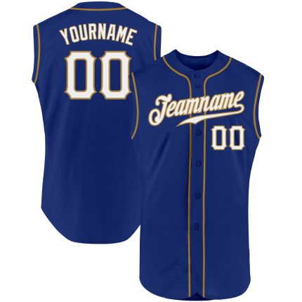 Custom Name and Number Personalized Authentic Baseball Jersey, Royal White and Old Gold Sleeveless Design Personalized Royal
