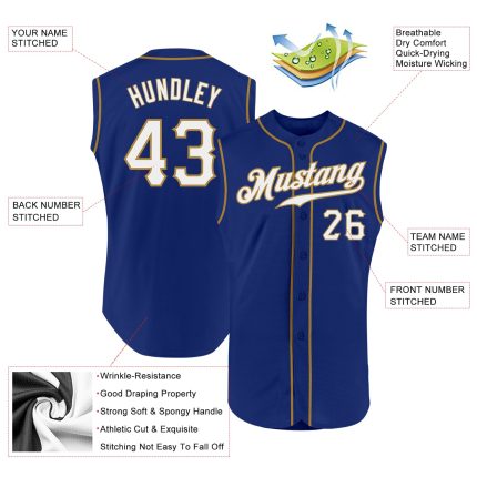 Custom Name and Number Personalized Authentic Baseball Jersey, Royal White and Old Gold Sleeveless Design Personalized Royal