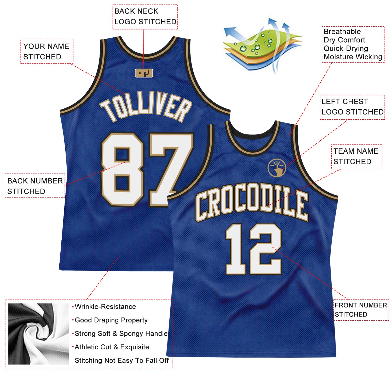 Personalized Royal White-Old Gold Authentic Throwback Basketball Jersey Team Custom Name and Number Custom Name & Number Personalized Royal White-Old Gold Basketball Jersey - Authentic Throwback Team Jersey Personalized Royal - Image 2