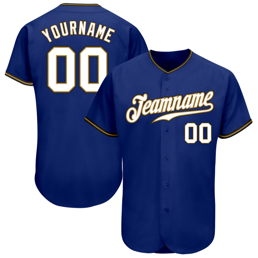 Custom Name and Number Authentic Baseball Jersey in Royal White and Old Gold-Black Personalized Royal White Old Gold-Black