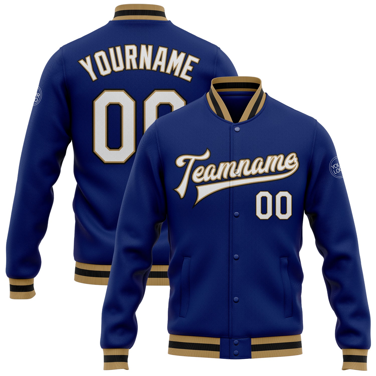 Custom Name and Number Varsity Letterman Jacket - Personalized Royal White Old Gold-Black Bomber Full-Snap Design Personalized