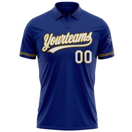 Custom Performance Vapor Golf Polo Shirt - Personalized Royal White Old Gold-Black with Team Name & Number Personalized Royal