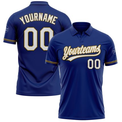 Custom Performance Vapor Golf Polo Shirt - Personalized Royal White Old Gold-Black with Team Name & Number Personalized Royal
