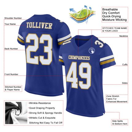 Personalized Authentic Football Jersey in Royal White and Old Gold Mesh Personalized Royal White-Old Gold Mesh Authentic