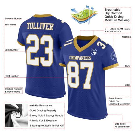 Custom Name Number Football Jersey - Personalized Royal White Old Gold Mesh Team Apparel Personalized Royal White-Old Gold