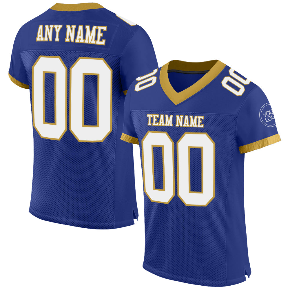 Custom Name Number Football Jersey - Personalized Royal White Old Gold Mesh Team Apparel Personalized Royal White-Old Gold