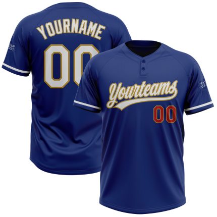Custom Team Softball Jersey - Personalized Unisex White Gold-Red Two-Button with Name and Number Personalized Royal White