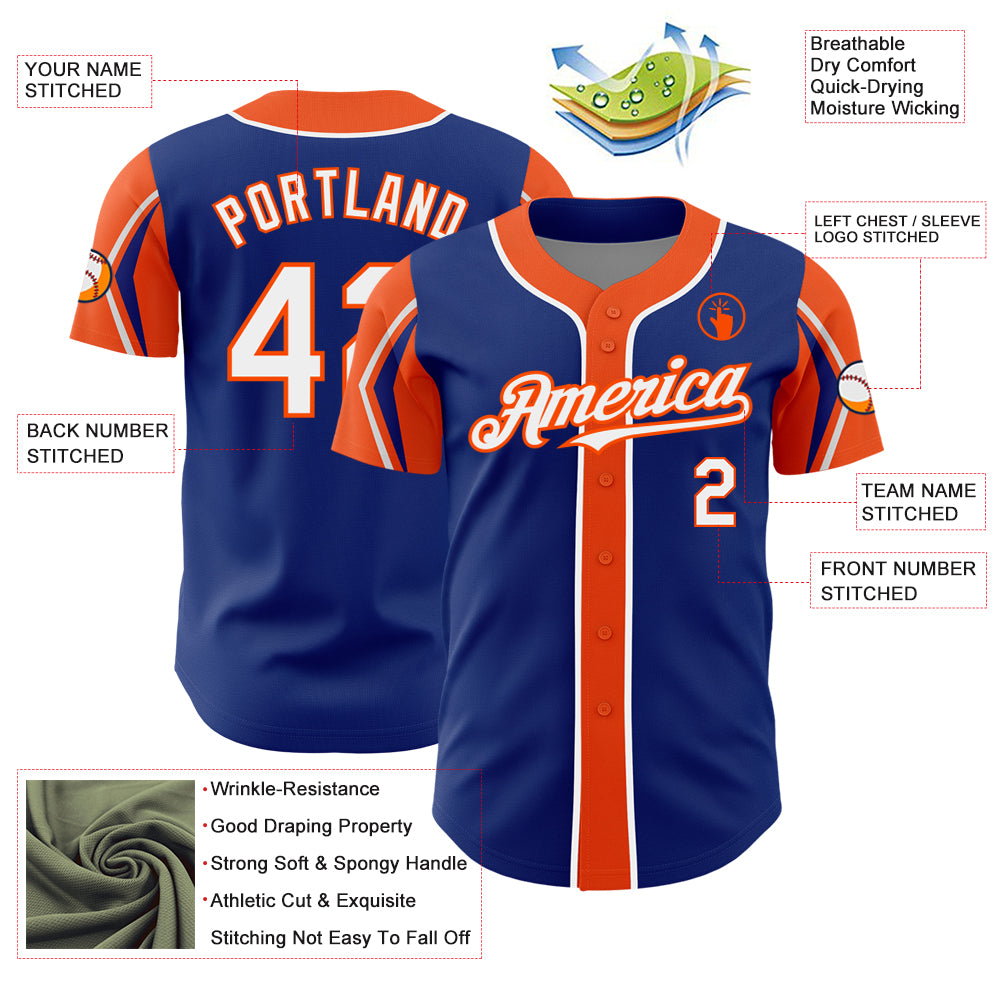 Personalized Royal White-Orange 3 Colors Arm Shapes Authentic Baseball Jersey Team Custom Name and Number Customizable Authentic Baseball Jersey - Personalized Royal White-Orange Team Jersey with Name and Number, 3 Colors Available - Image 4