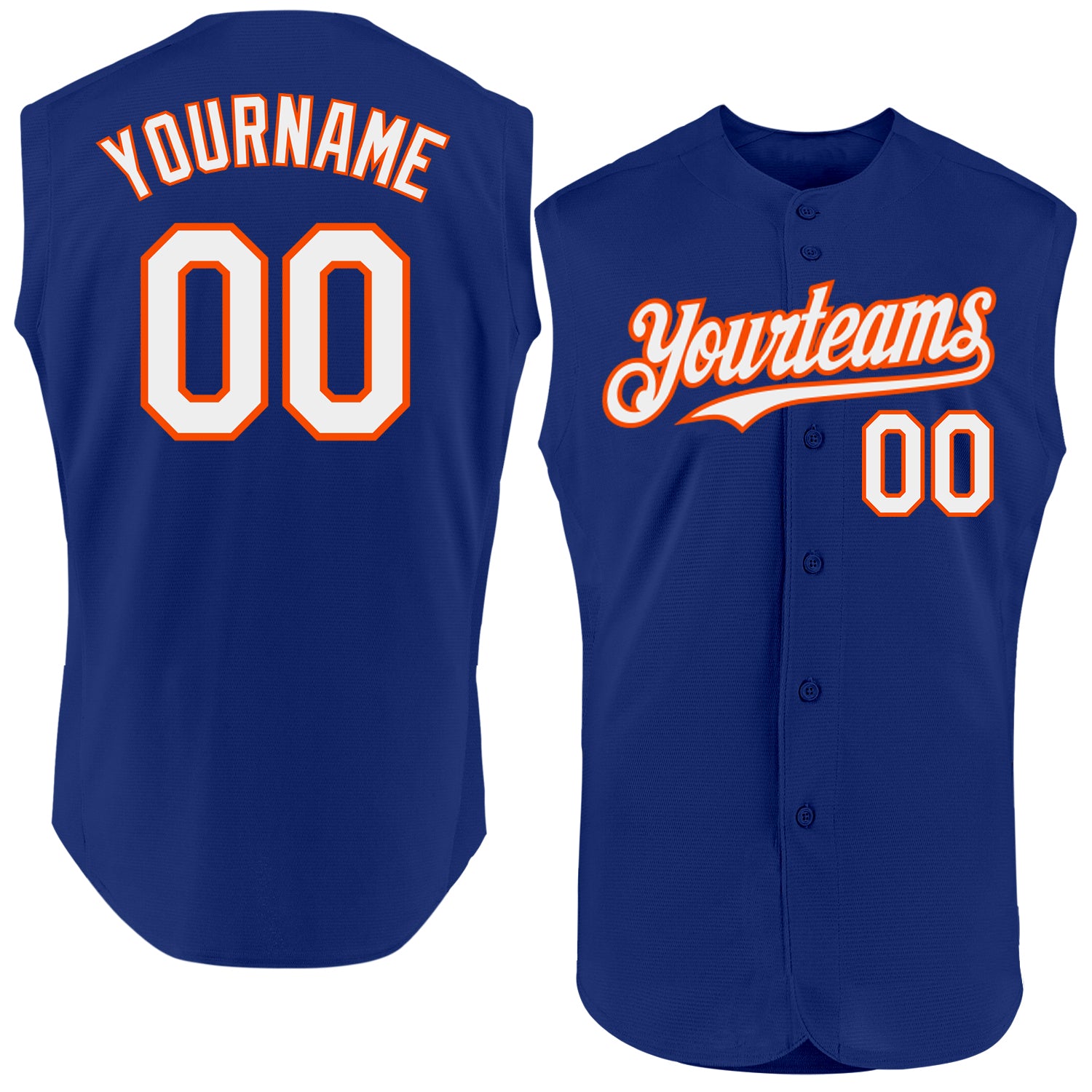 Personalized Authentic Sleeveless Baseball Jersey in Royal White-Orange Personalized Royal White-Orange Authentic Sleeveless