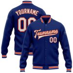 Custom Team Name Number Bomber Jacket - Personalized Royal White-Orange Full-Snap Varsity Letterman Style Personalized Royal