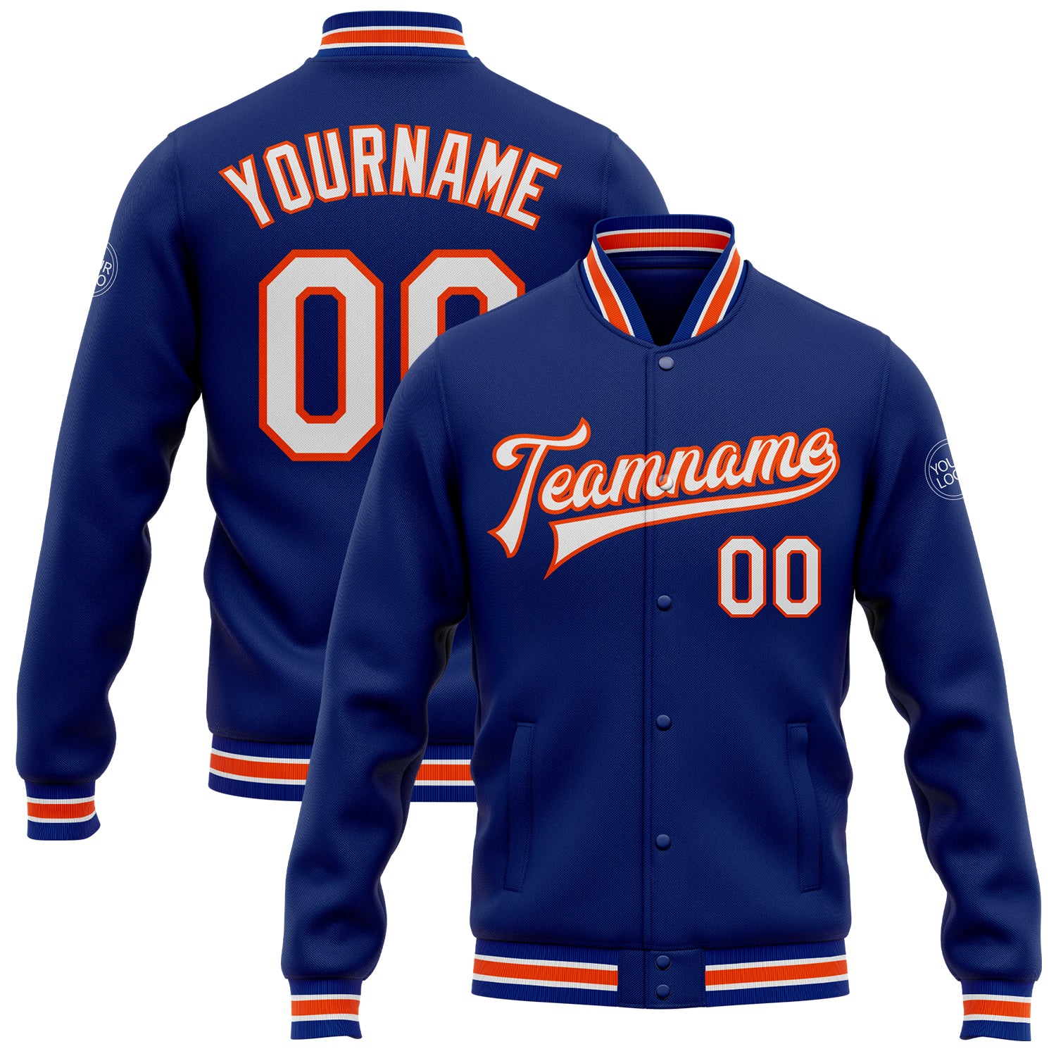 Custom Team Name Number Bomber Jacket - Personalized Royal White-Orange Full-Snap Varsity Letterman Style Personalized Royal