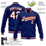 Custom Team Name Number Bomber Jacket - Personalized Royal White-Orange Full-Snap Varsity Letterman Style Personalized Royal