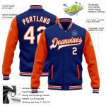 Custom Team Name Number Varsity Letterman Bomber Jacket White Orange Full-Snap Two Tone Personalized Personalized Royal White-Orange