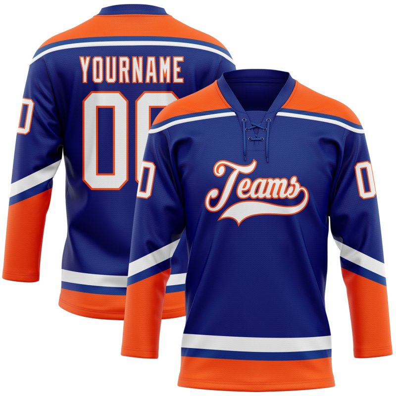 Custom Name Number Personalized Hockey Jersey - Royal White-Orange Lace Neck Team Jersey Personalized Royal White-Orange