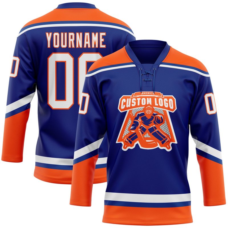 Custom Name Number Personalized Hockey Jersey - Royal White-Orange Lace Neck Team Jersey Personalized Royal White-Orange
