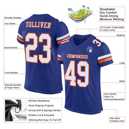 Personalized Authentic Football Jersey - Royal White-Orange Mesh Design Personalized Royal White-Orange Mesh Authentic Football