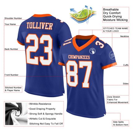 Custom Personalized Football Jersey - Royal White-Orange Mesh, Your Name & Number, Authentic Team Apparel Personalized Royal