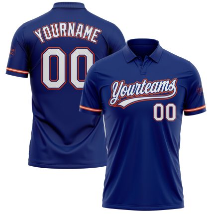 Custom Name Number Royal White-Orange Performance Golf Polo Shirt - Personalized Team Apparel Personalized Royal White-Orange