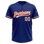 Custom Name and Number Unisex Softball Jersey - Personalized Royal White-Orange Two-Button Design Personalized Royal White-Orange