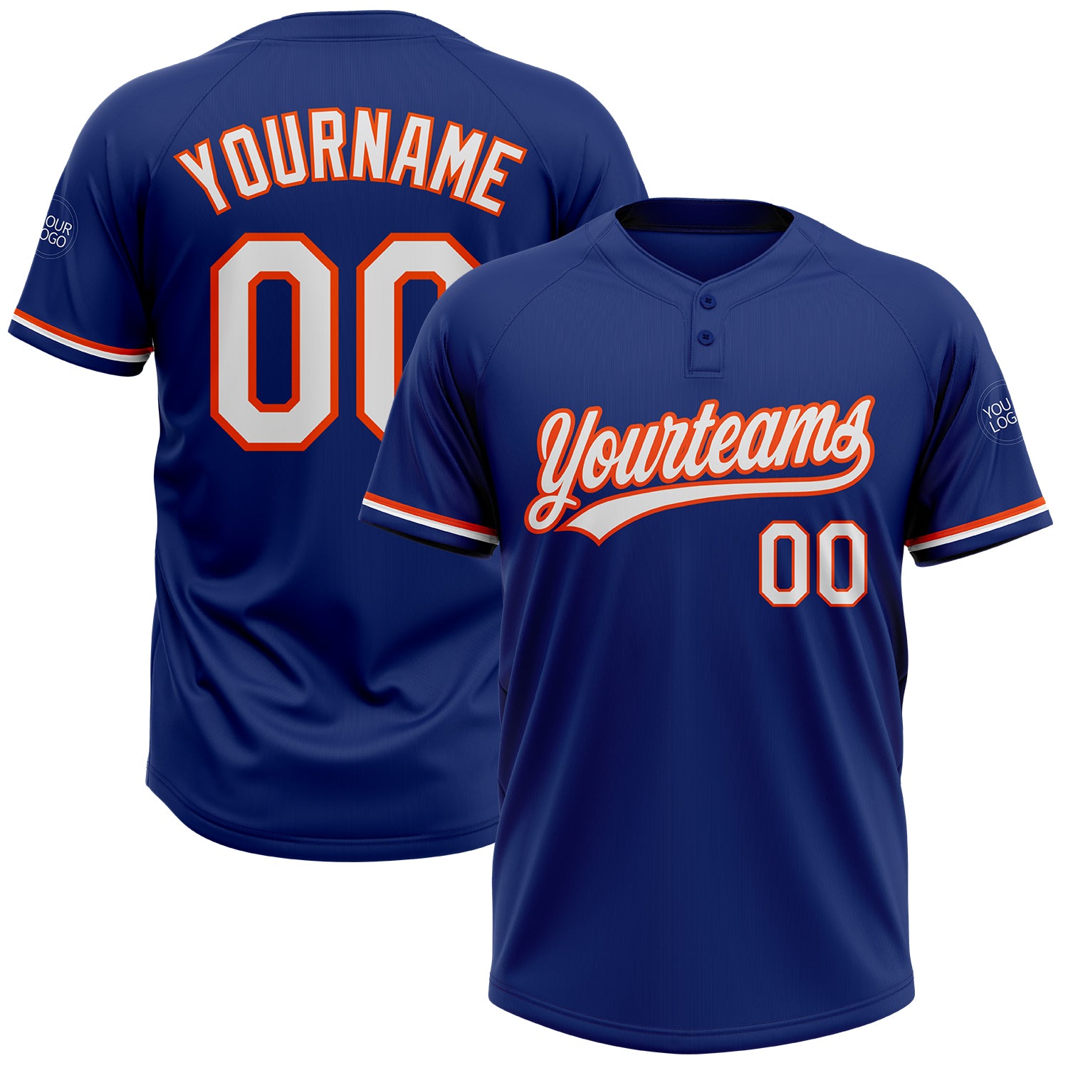 Custom Name and Number Unisex Softball Jersey - Personalized Royal White-Orange Two-Button Design Personalized Royal White-Orange