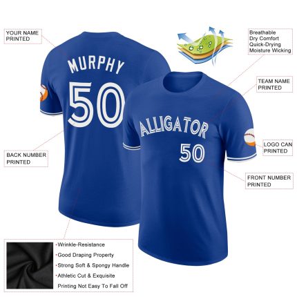 Custom Team Name and Number Performance T-Shirt - Personalized Royal White Tee Personalized Royal White Performance T-Shirt