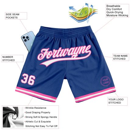 Custom Name Number Authentic Basketball Shorts Royal White Pink Throwback Personalized Royal White-Pink Authentic Throwback