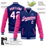 Custom Team Bomber Jacket with Name and Number - Personalized White-Pink Varsity Letterman Full-Snap Two Tone Personalized
