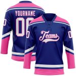 Custom Royal White-Pink Hockey Jersey with Name and Number - Personalized Lace Neck Team Apparel Personalized Royal White-Pink