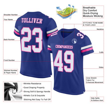 Personalized Authentic Football Jersey - Royal White Pink Mesh Design Personalized Royal White-Pink Mesh Authentic Football