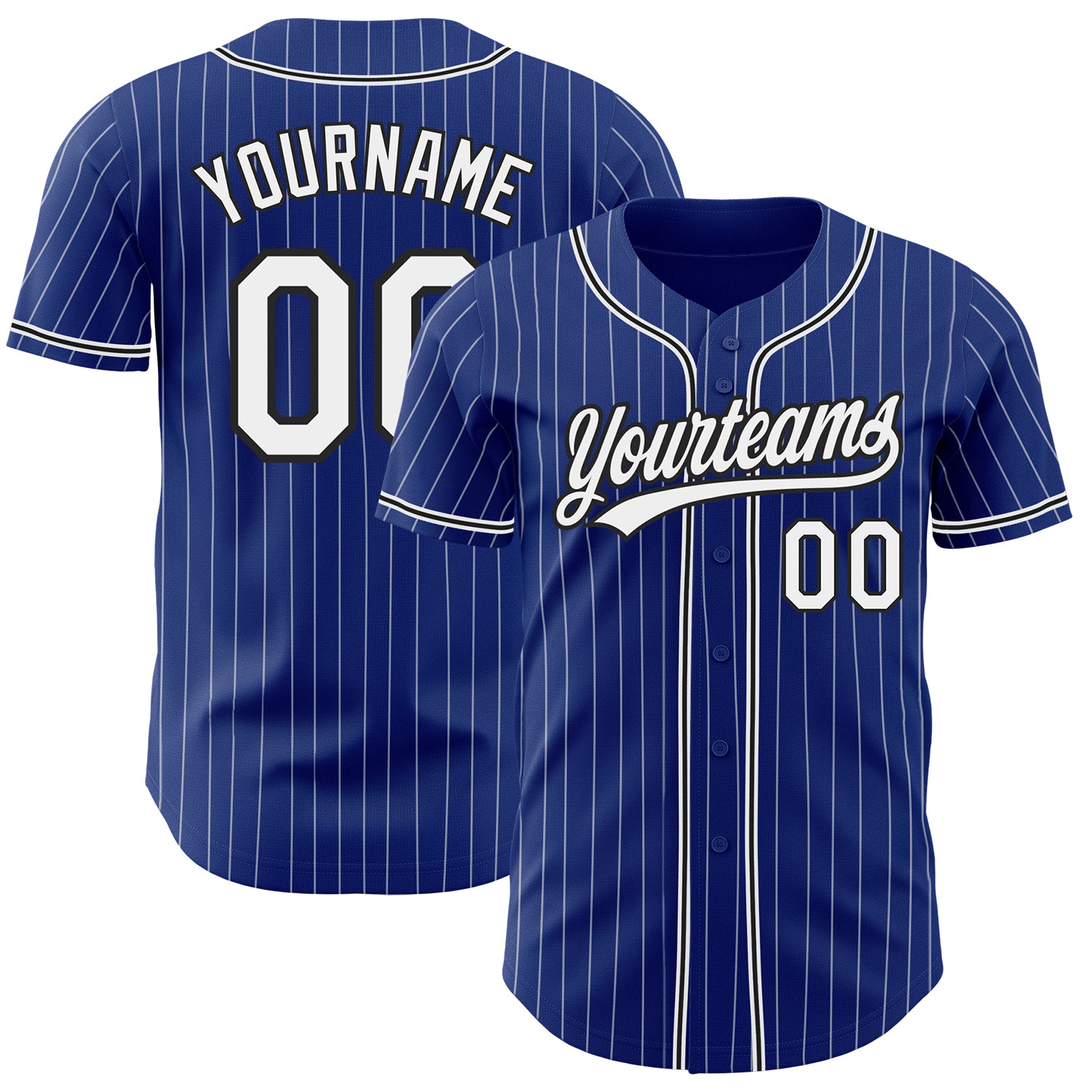 Personalized Black Authentic Baseball Jersey with Royal White Pinstripe Design Personalized Royal White Pinstripe Black Authentic