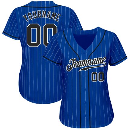 Custom Name and Number Authentic Black-White Pinstripe Baseball Jersey - Personalized Royal White Team Apparel Personalized