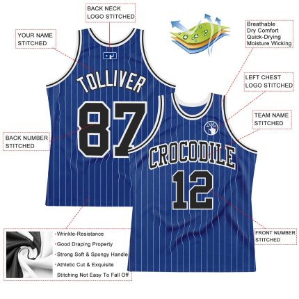 Custom Name and Number Personalized Black-White Royal White Pinstripe Basketball Jersey Authentic Personalized Royal White