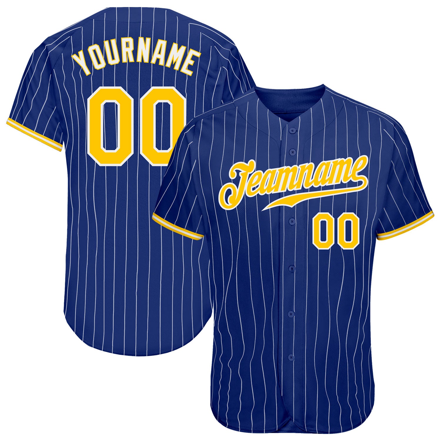 Custom Name and Number Authentic Baseball Jersey - Personalized Royal White Pinstripe Gold-White Design Personalized Royal