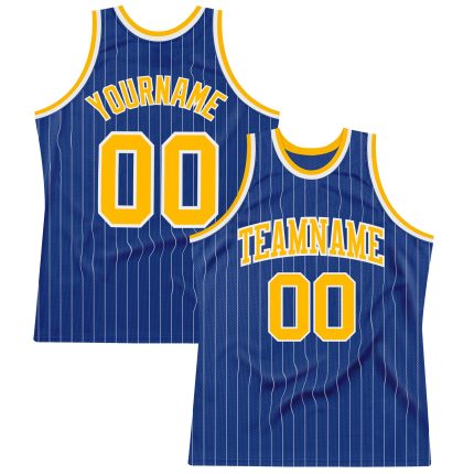 Personalized Gold-White Royal Pinstripe Basketball Jersey - Authentic Sports Apparel Personalized Royal White Pinstripe Gold-White
