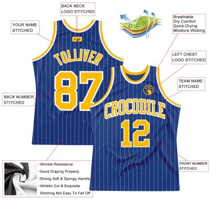 Personalized Gold-White Royal Pinstripe Basketball Jersey - Authentic Sports Apparel Personalized Royal White Pinstripe Gold-White