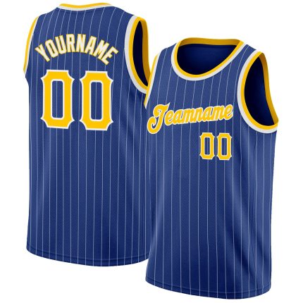 Personalized Gold-White Basketball Jersey with Custom Name & Number - Authentic Royal White Pinstripe Design Personalized