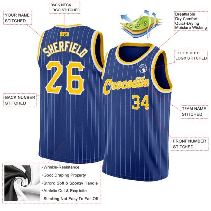 Personalized Gold-White Basketball Jersey with Custom Name & Number - Authentic Royal White Pinstripe Design Personalized