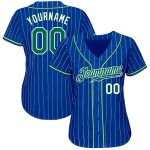 Custom Name & Number Authentic Baseball Jersey - Personalized Royal White Pinstripe Green & White Design Personalized Royal