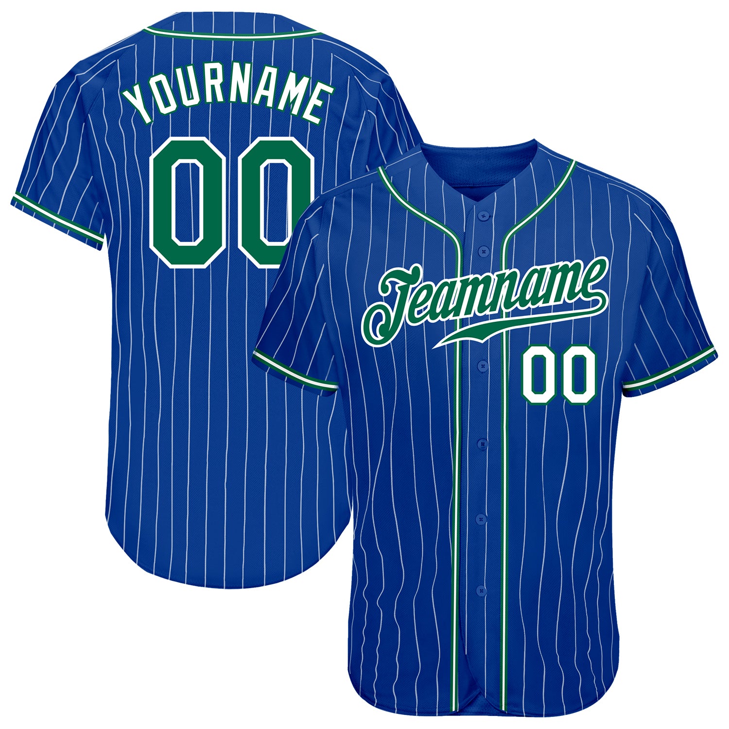 Custom Name & Number Authentic Baseball Jersey - Personalized Royal White Pinstripe Green & White Design Personalized Royal