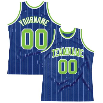 Custom Basketball Jersey with Personalized Name & Number - Royal White Pinstripe Neon Green-White Authentic Design Personalized