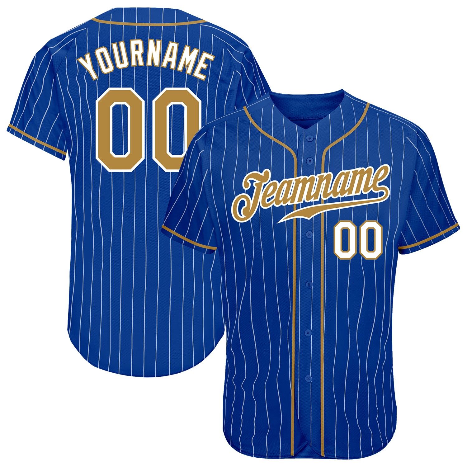 Custom Baseball Jersey - Personalized Royal White Pinstripe with Old Gold and White, Custom Name and Number Personalized