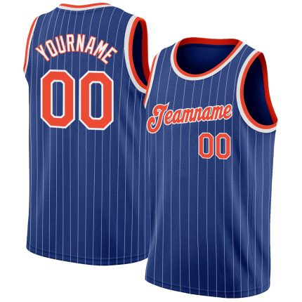 Custom Name and Number Personalized Royal White Pinstripe Basketball Jersey - Authentic Orange and White Team Apparel Personalized