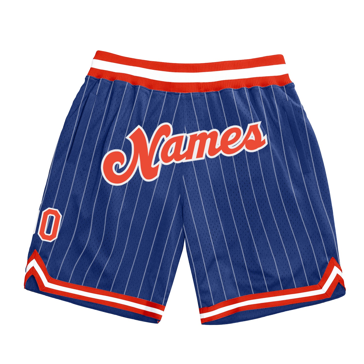 Custom Team Basketball Shorts - Personalized Authentic Royal White Pinstripe with Name and Number in Orange-White Personalized