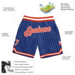 Custom Team Basketball Shorts - Personalized Authentic Royal White Pinstripe with Name and Number in Orange-White Personalized