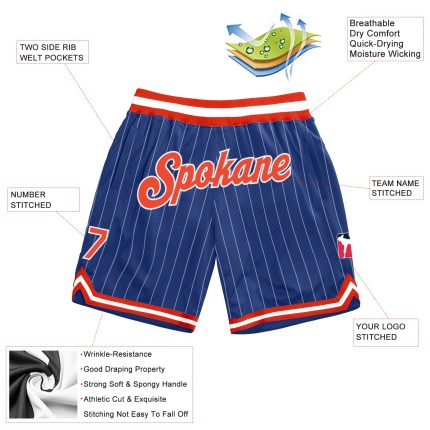 Custom Team Basketball Shorts - Personalized Authentic Royal White Pinstripe with Name and Number in Orange-White Personalized